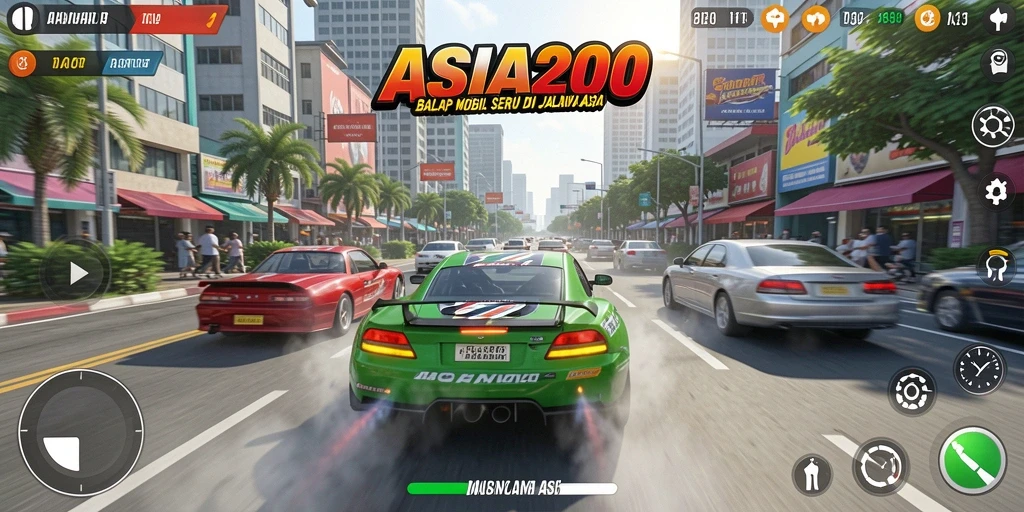 Screenshot gameplay ASIA200 menampilkan balapan seru di lintasan berwarna-warni.