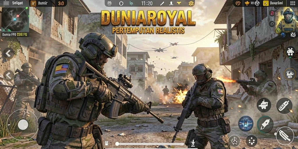 Screenshot menampilkan aksi pertempuran intens dalam DUNIAROYAL.