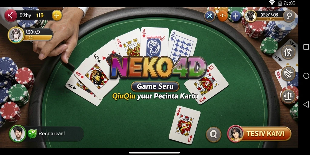 Screenshot gameplay NEKO4D menampilkan suasana permainan kartu QiuQiu yang mendebarkan.
