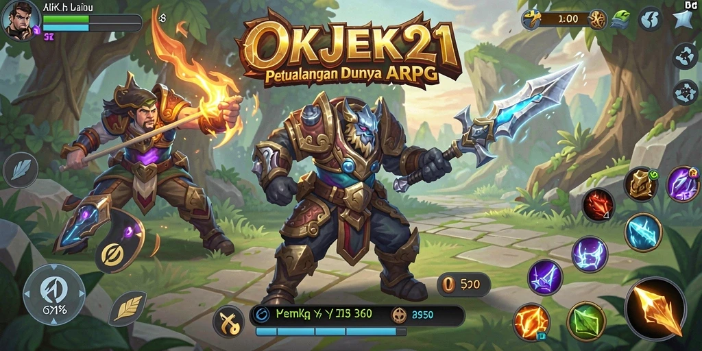Tangkapan layar utama OKJEK21 menampilkan aksi pertempuran yang intens.