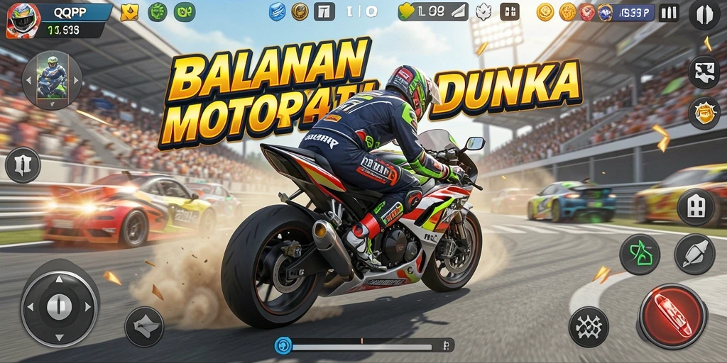 Tampilan gameplay QQRP yang mendebarkan dan penuh aksi balapan motor.