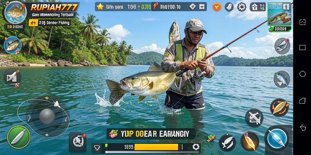 Tampilan gameplay RUPIAH777 yang menampilkan momen menangkap ikan.
