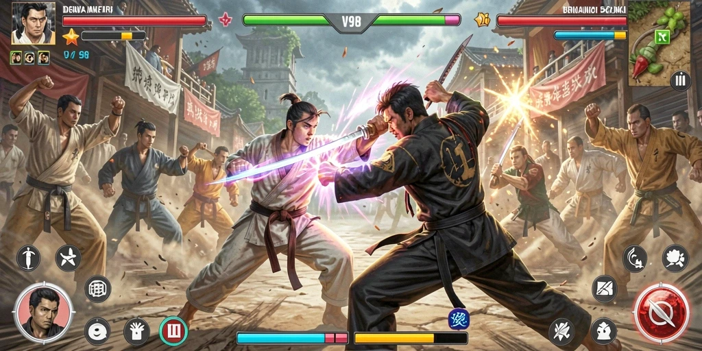 Screenshot utama V98 menampilkan pertarungan seru dengan efek visual yang menakjubkan.