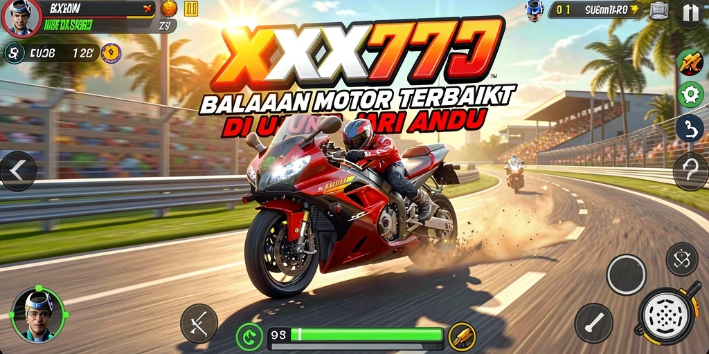 Screenshot utama XXX777 menunjukkan balapan motor yang seru dan mendebarkan.